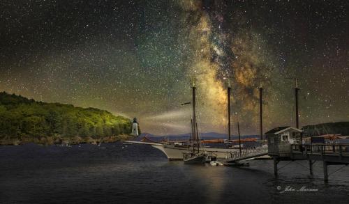 Bar Harbor with stars and lighthouse rays